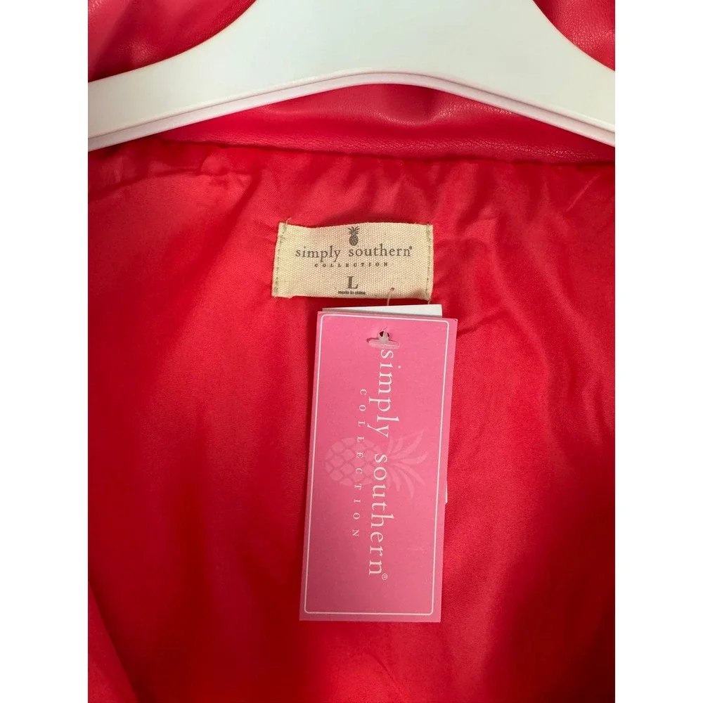 Simply Southern Kids Puffer Vest Pink Faux Leather Collared Button Front‎ Size L